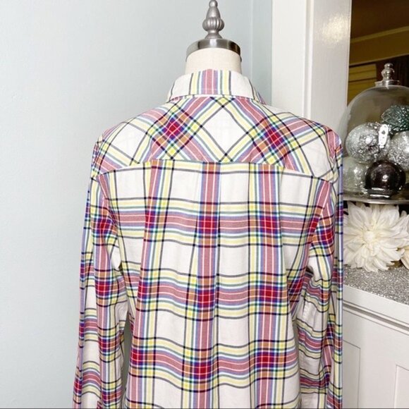 Talbots Classic Cotton Plaid Button Down Shirt Medium White Red Yellow Blue - Picture 7 of 11